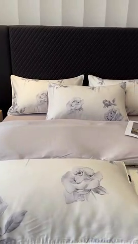 91家纺网 家纺一手货源 找家纺 洺兰家居 2025春夏新款100支莱赛尔天丝贡缎数码印花麻绳款四件套高端礼盒 瑰丽灰