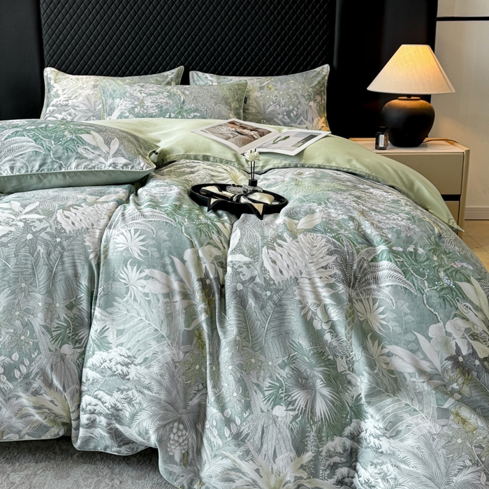 91家纺网 家纺一手货源 找家纺 芊寻家居 2025春夏新款50支莱赛尔天丝贡缎数码印花麻绳款四件套高端礼盒 阡陌丛林灰