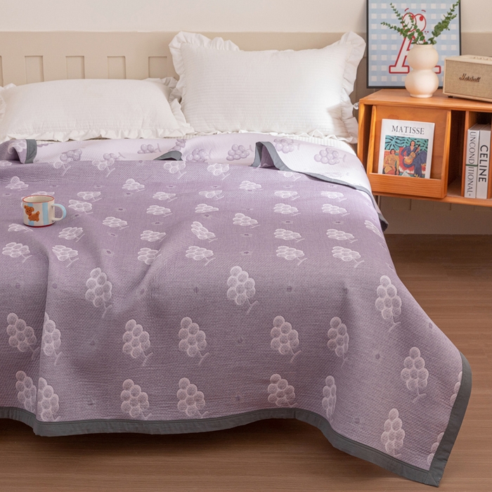 91家纺网 家纺一手货源 找家纺 2025新款A类纯棉针织三层纱提花多功能毯 紫色-葡萄