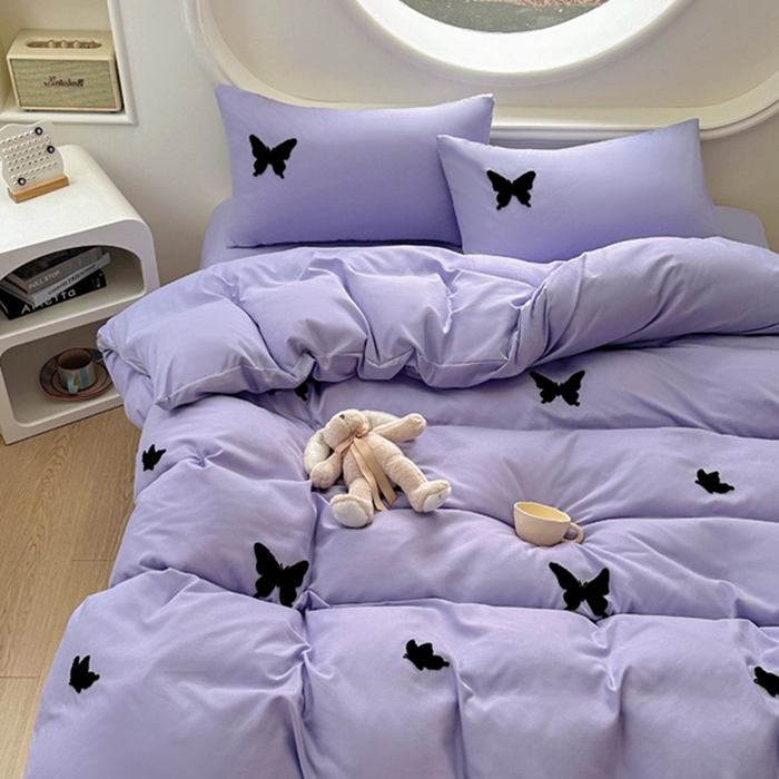 91家纺网 家纺一手货源 找家纺 迪拜家纺 2025新款加厚水洗棉四件套-蝴蝶 蝴蝶-紫