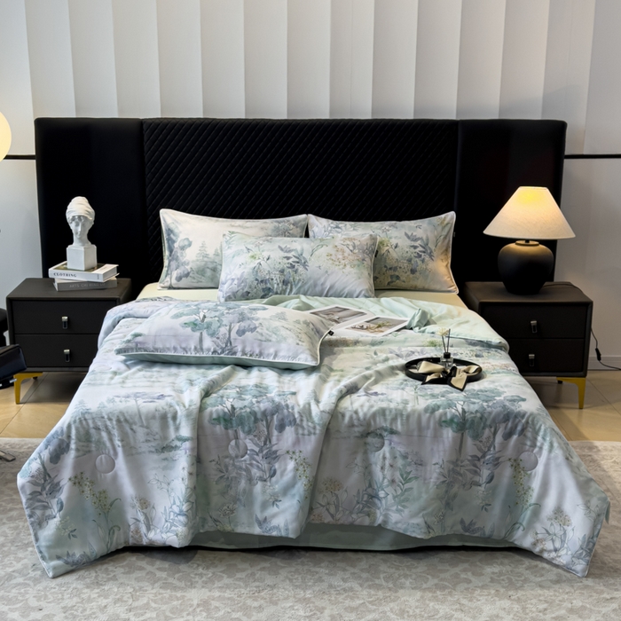 91家纺网 家纺一手货源 找家纺 洺兰家居 2025春夏新款100支莱赛尔天丝贡缎数码印花麻绳款四件套高端礼盒 远山黛兰绿