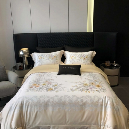 2025新款高支高密长绒棉大版数码印花双拼系列四件套【券后不低于388】 一路繁花-米黄