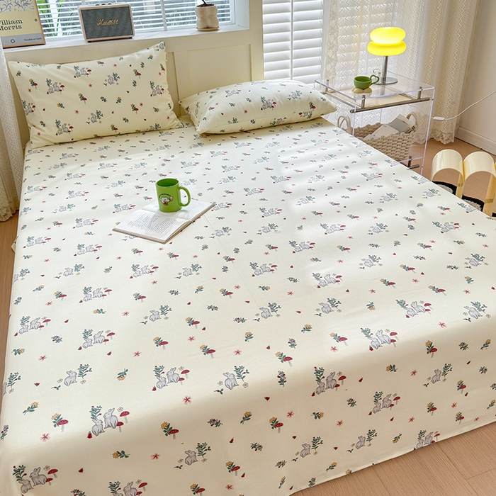 91家纺网 家纺一手货源 找家纺 吉象家纺 2025新款老粗布三件套-床单款 花园兔