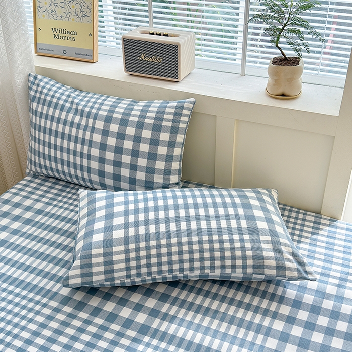 91家纺网 家纺一手货源 找家纺 2025新款老粗布三件套-床笠款 蓝格