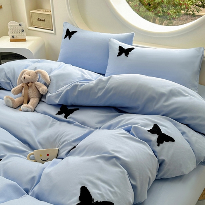 91家纺网 家纺一手货源 找家纺 迪拜家纺 2025新款加厚水洗棉四件套-蝴蝶 蝴蝶-蓝