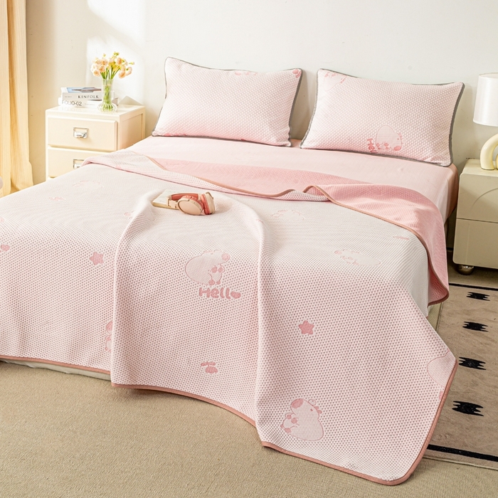 91家纺网 家纺一手货源 找家纺 梦初语 2025新款A类华夫格冰豆豆夏被子针织提花凉感夏凉被单双人空调被可机水洗 卡皮巴拉熊-粉