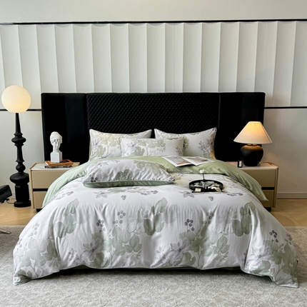 91家纺网 家纺一手货源 找家纺 洺兰家居 2025春夏新款100支莱赛尔天丝贡缎数码印花麻绳款四件套高端礼盒 翠影绿