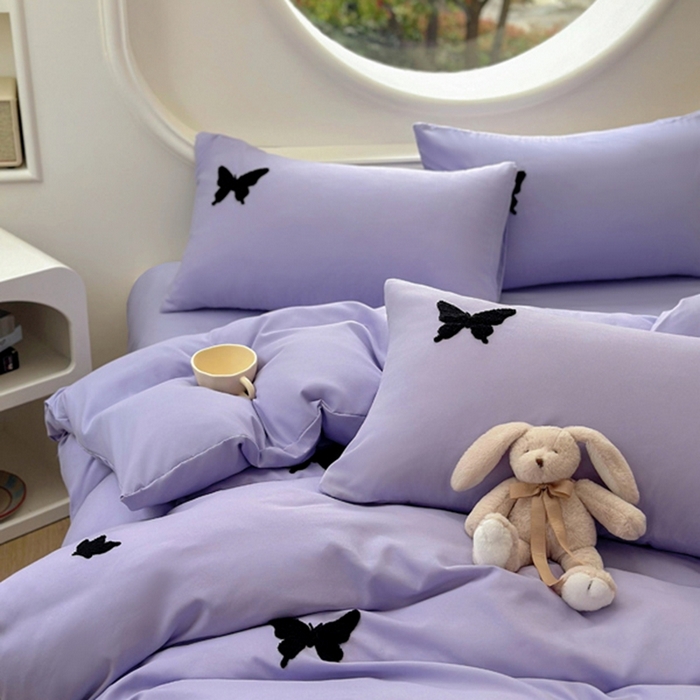 91家纺网 家纺一手货源 找家纺 迪拜家纺 2025新款加厚水洗棉四件套-蝴蝶 蝴蝶-紫