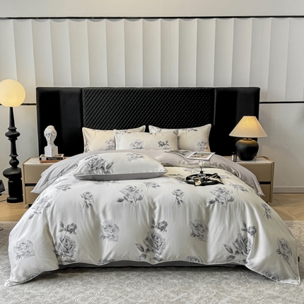 芊寻家居 2025春夏新款50支莱赛尔天丝贡缎数码印花麻绳款四件套高端礼盒 瑰丽灰