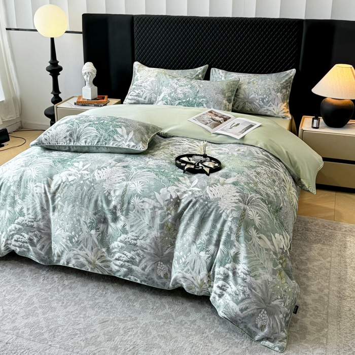 91家纺网 家纺一手货源 找家纺 洺兰家居 2025春夏新款100支莱赛尔天丝贡缎数码印花麻绳款四件套高端礼盒 阡陌丛林灰