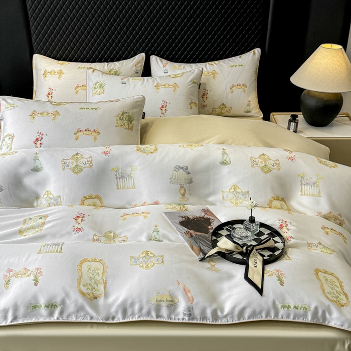 91家纺网 家纺一手货源 找家纺 芊寻家居 2025春夏新款50支莱赛尔天丝贡缎数码印花麻绳款四件套高端礼盒 洛丽塔米