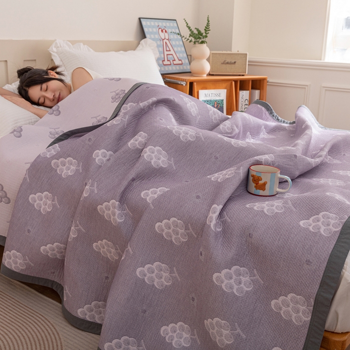 91家纺网 家纺一手货源 找家纺 2025新款A类纯棉针织三层纱提花多功能毯 紫色-葡萄