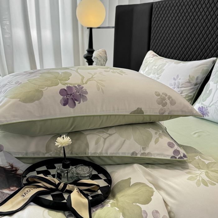 91家纺网 家纺一手货源 找家纺 洺兰家居 2025春夏新款100支莱赛尔天丝贡缎数码印花麻绳款四件套高端礼盒 翠影绿