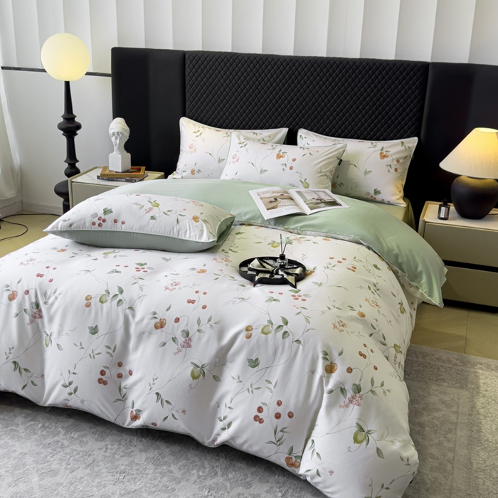 91家纺网 家纺一手货源 找家纺 洺兰家居 2025春夏新款100支莱赛尔天丝贡缎数码印花麻绳款四件套高端礼盒 果蔓白