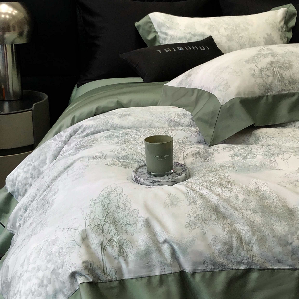 91家纺网 家纺一手货源 找家纺 2025年高支高密长绒棉专版活性数码印花系列四件套【券后控价——券后不低于378】 丽奥娜-松石绿