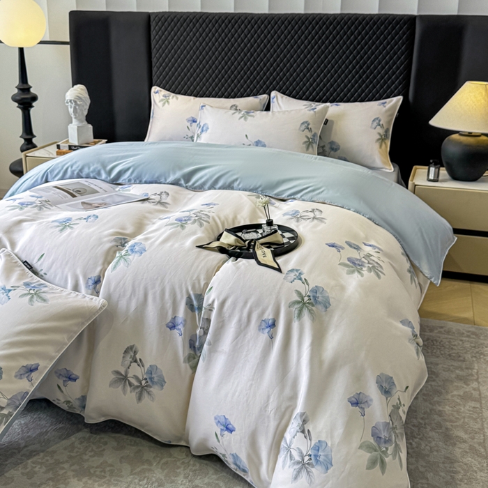 91家纺网 家纺一手货源 找家纺 芊寻家居 2025春夏新款50支莱赛尔天丝贡缎数码印花麻绳款四件套高端礼盒 流年兰