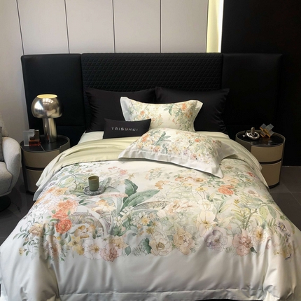 2025新款高支高密长绒棉大版数码印花双拼系列四件套【券后不低于388】 卡迪娜-水绿