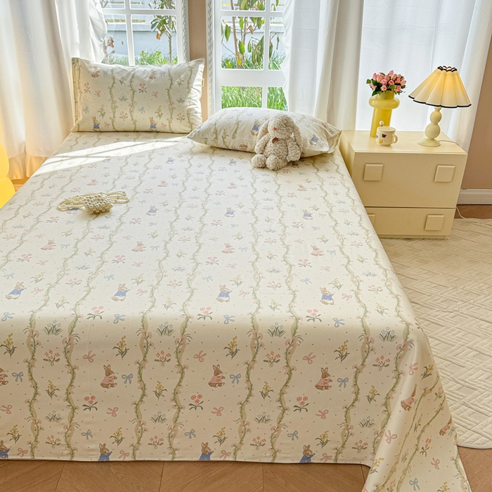 91家纺网 家纺一手货源 找家纺 吉象家纺 2025新款老粗布三件套-床单款 蔓藤兔