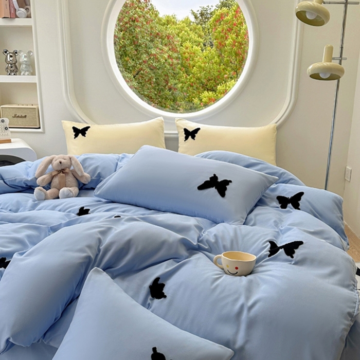 91家纺网 家纺一手货源 找家纺 迪拜家纺 2025新款加厚水洗棉四件套-蝴蝶 蝴蝶-蓝