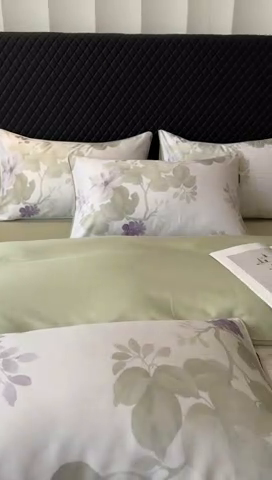 91家纺网 家纺一手货源 找家纺 洺兰家居 2025春夏新款100支莱赛尔天丝贡缎数码印花麻绳款四件套高端礼盒 翠影绿