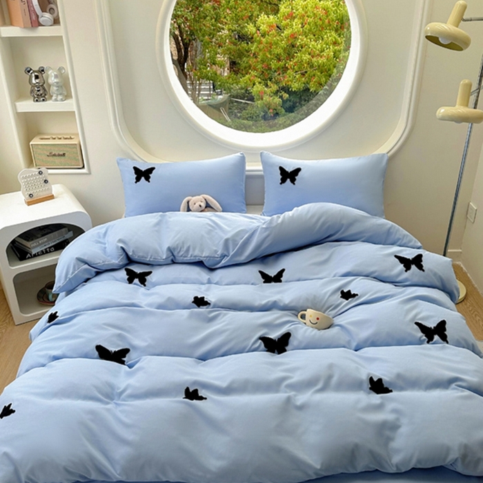 91家纺网 家纺一手货源 找家纺 迪拜家纺 2025新款加厚水洗棉四件套-蝴蝶 蝴蝶-蓝