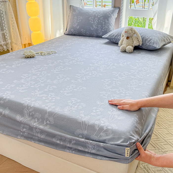 91家纺网 家纺一手货源 找家纺 2025新款老粗布三件套-床笠款 叶相思