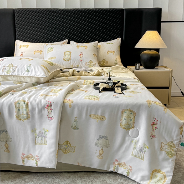 91家纺网 家纺一手货源 找家纺 芊寻家居 2025春夏新款50支莱赛尔天丝贡缎数码印花麻绳款四件套高端礼盒 洛丽塔米