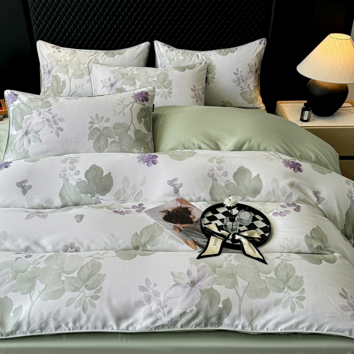 91家纺网 家纺一手货源 找家纺 洺兰家居 2025春夏新款100支莱赛尔天丝贡缎数码印花麻绳款四件套高端礼盒 翠影绿