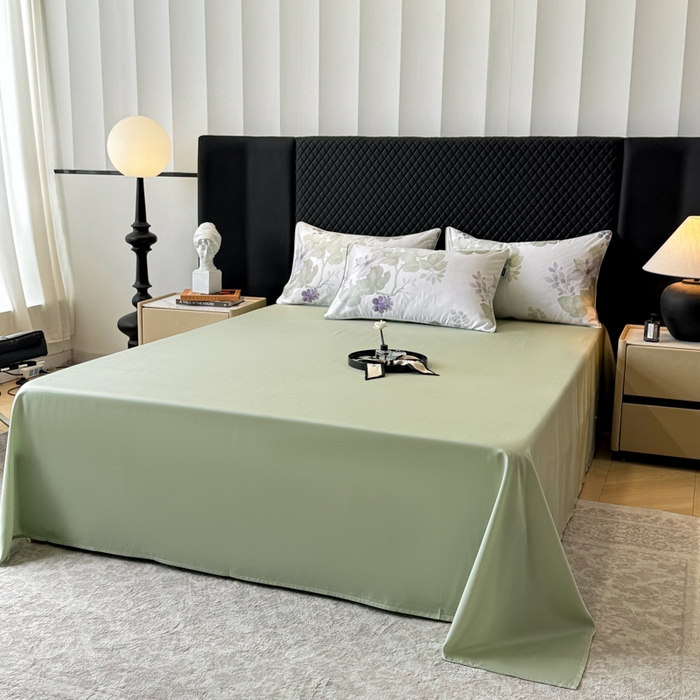 91家纺网 家纺一手货源 找家纺 芊寻家居 2025春夏新款50支莱赛尔天丝贡缎数码印花麻绳款四件套高端礼盒 翠影绿