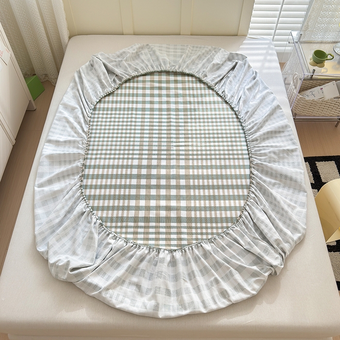 91家纺网 家纺一手货源 找家纺 2025新款老粗布三件套-床笠款 绿格