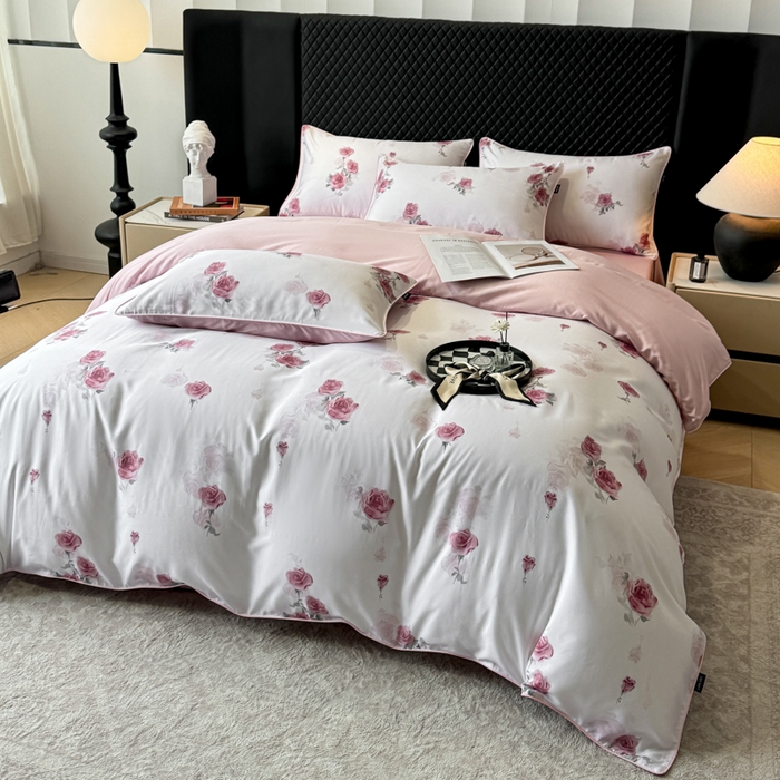 91家纺网 家纺一手货源 找家纺 洺兰家居 2025春夏新款100支莱赛尔天丝贡缎数码印花麻绳款四件套高端礼盒 玫瑰雅韵