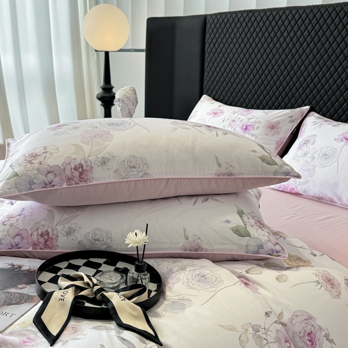 91家纺网 家纺一手货源 找家纺 洺兰家居 2025春夏新款100支莱赛尔天丝贡缎数码印花麻绳款四件套高端礼盒 春晓紫