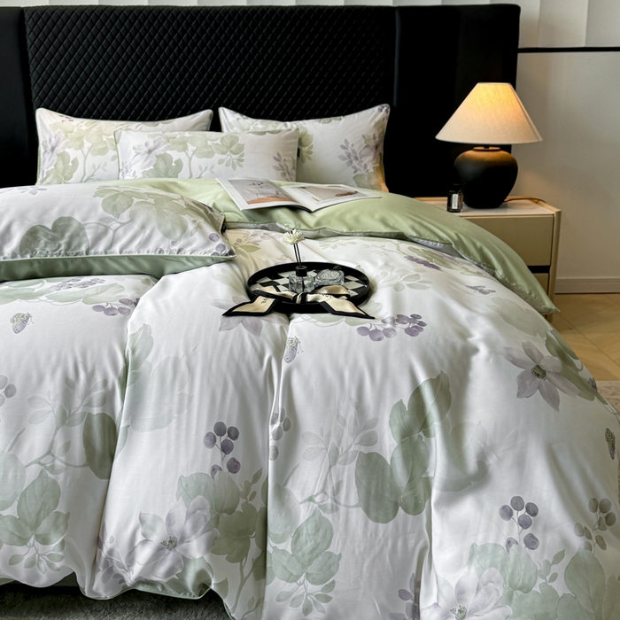 91家纺网 家纺一手货源 找家纺 洺兰家居 2025春夏新款100支莱赛尔天丝贡缎数码印花麻绳款四件套高端礼盒 翠影绿