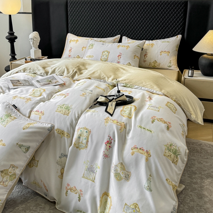 91家纺网 家纺一手货源 找家纺 芊寻家居 2025春夏新款50支莱赛尔天丝贡缎数码印花麻绳款四件套高端礼盒 洛丽塔米