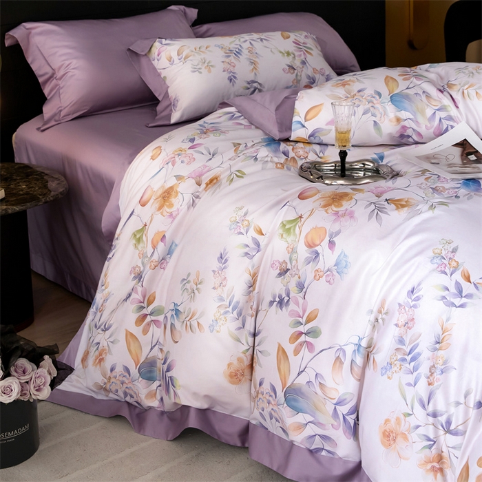 91家纺网 家纺一手货源 找家纺 宏羽纺家纺 2025年高支高密大版数码印花春夏新品 花家境-风铃紫