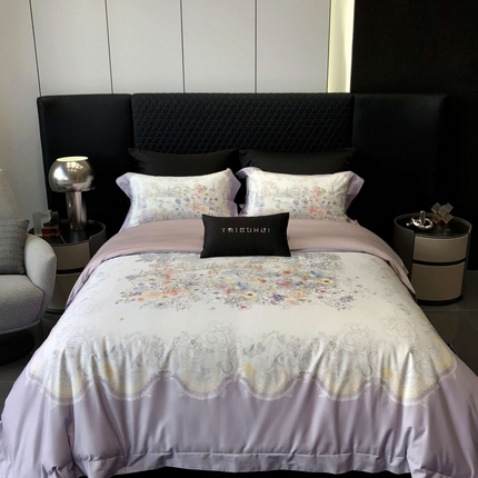 91家纺网 家纺一手货源 找家纺 2025新款高支高密长绒棉大版数码印花双拼系列四件套【券后不低于388】 露西娅-烟紫