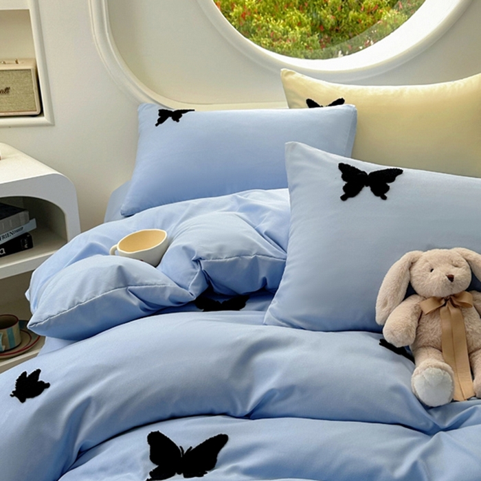 91家纺网 家纺一手货源 找家纺 迪拜家纺 2025新款加厚水洗棉四件套-蝴蝶 蝴蝶-蓝