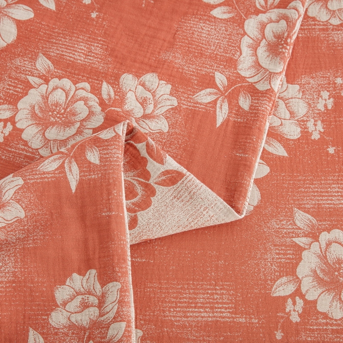 91家纺网 家纺一手货源 找家纺 鲁爱家纺供货 2025新款全棉色织双层纱纽扣款四件套 云纱-桔红