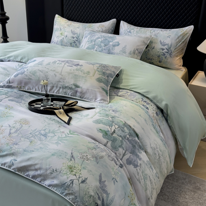 91家纺网 家纺一手货源 找家纺 洺兰家居 2025春夏新款100支莱赛尔天丝贡缎数码印花麻绳款四件套高端礼盒 远山黛兰绿