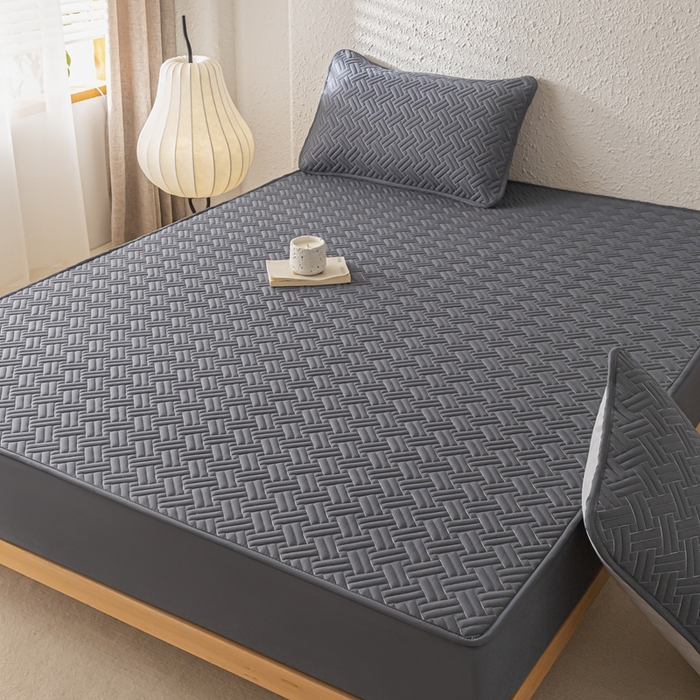 91家纺网 家纺一手货源 找家纺 欧邦 2025新款四季款纯色水洗棉夹棉床笠床垫保护罩-场景一 条格-深灰