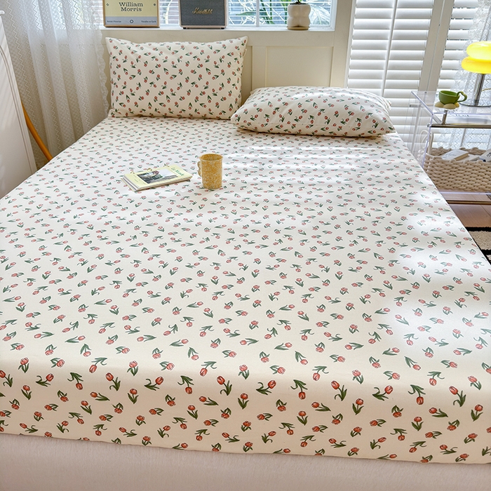 91家纺网 家纺一手货源 找家纺 2025新款老粗布三件套-床笠款 朵朵郁金香