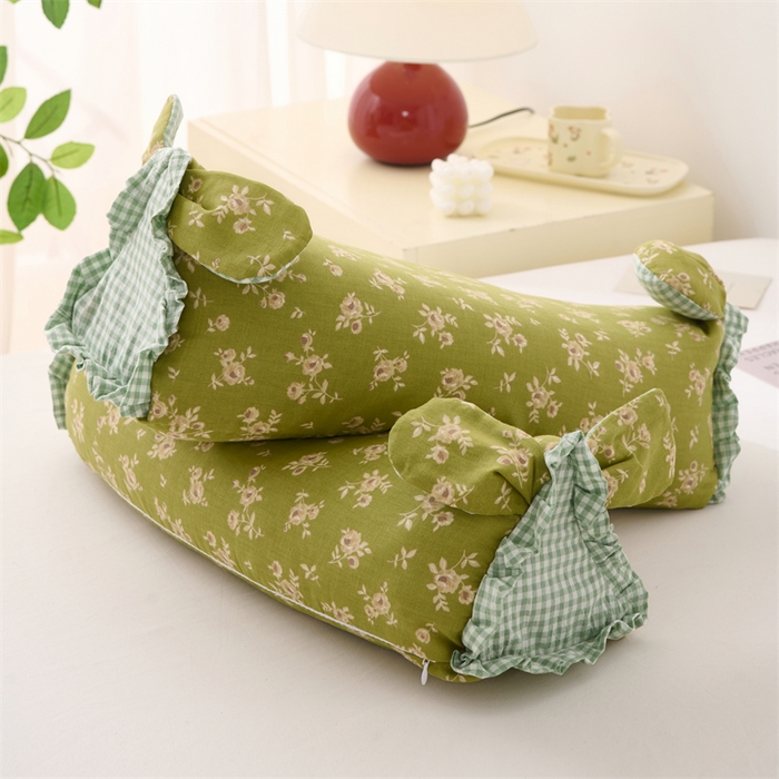 91家纺网 家纺一手货源 找家纺 大熊枕芯 2025新款田园风全棉印花双层纱萌趣兔子三角荞麦护颈枕枕头枕芯 田园兔三角枕-绿50*15*15cm/只