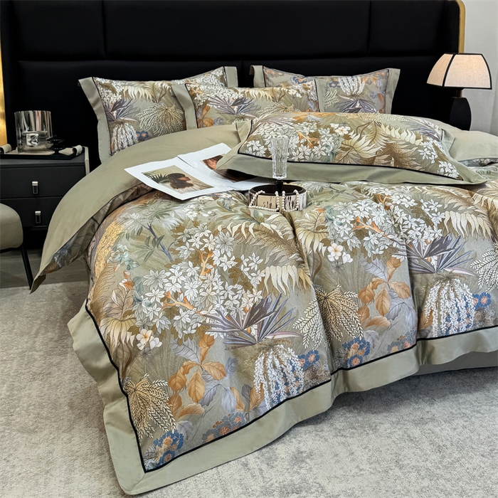 91家纺网 家纺一手货源 找家纺 宏羽纺家纺 2025年高支高密大版数码印花春夏新品 秘境-抹茶