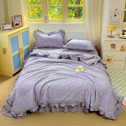 91家纺网 家纺一手货源 找家纺 美梦家纺 2025新款皱皱纱花边夏被床盖四件套 恋如青柠香