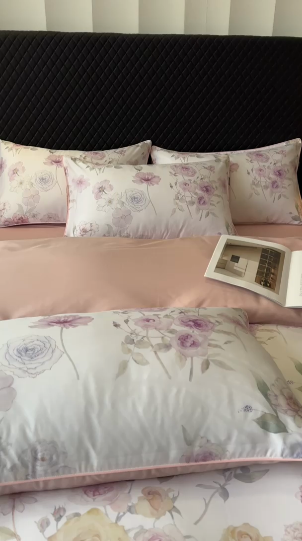 91家纺网 家纺一手货源 找家纺 芊寻家居 2025春夏新款50支莱赛尔天丝贡缎数码印花麻绳款四件套高端礼盒 春晓紫