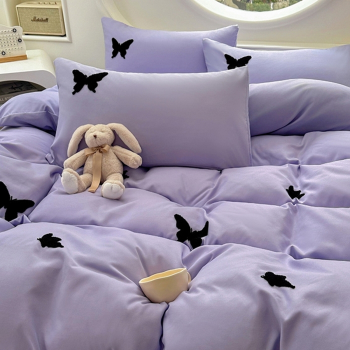 91家纺网 家纺一手货源 找家纺 迪拜家纺 2025新款加厚水洗棉四件套-蝴蝶 蝴蝶-紫