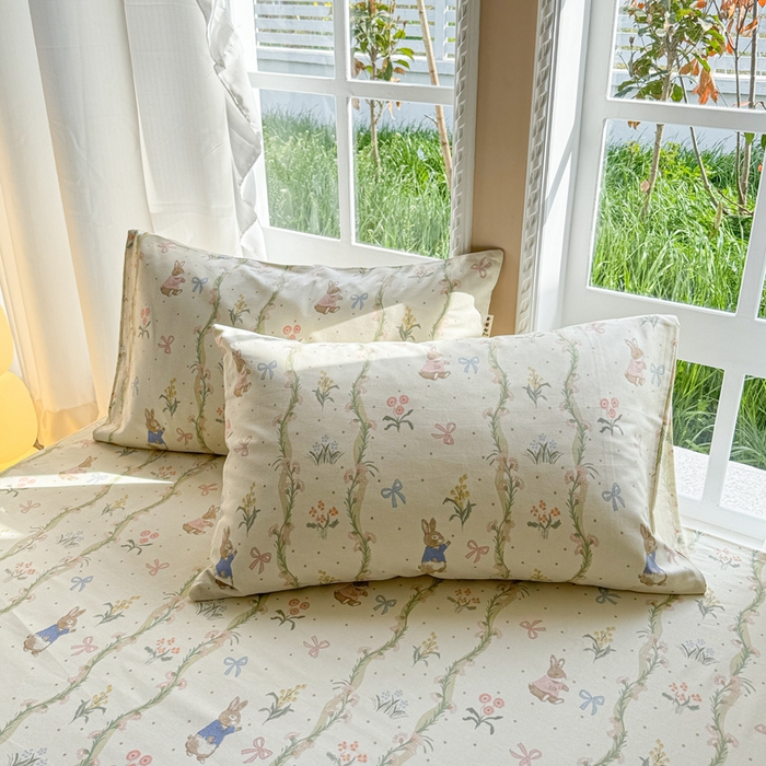 91家纺网 家纺一手货源 找家纺 吉象家纺 2025新款老粗布三件套-床单款 蔓藤兔