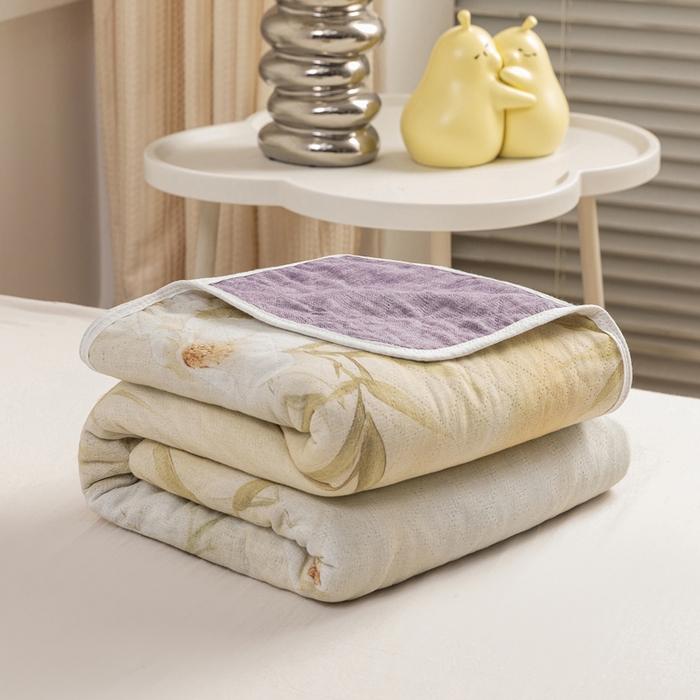 91家纺网 家纺一手货源 找家纺 乐家毛巾被（工厂自产自销） 2025新款A类全棉六层纱印花毛巾被 绿色茶花