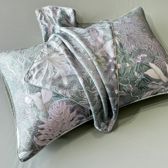 91家纺网 家纺一手货源 找家纺 洺兰家居 2025春夏新款100支莱赛尔天丝贡缎数码印花麻绳款四件套高端礼盒 阡陌丛林灰