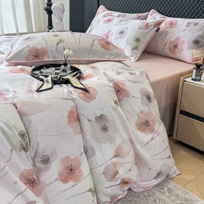 91家纺网 家纺一手货源 找家纺 芊寻家居 2025春夏新款50支莱赛尔天丝贡缎数码印花麻绳款四件套高端礼盒 花仙子粉